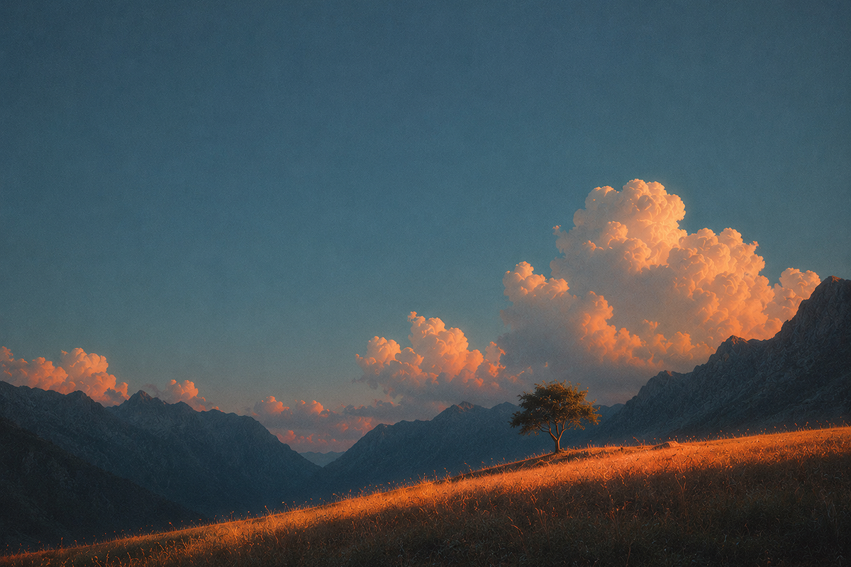 A lone tree beneath illuminated clouds in a dark mountain landscape