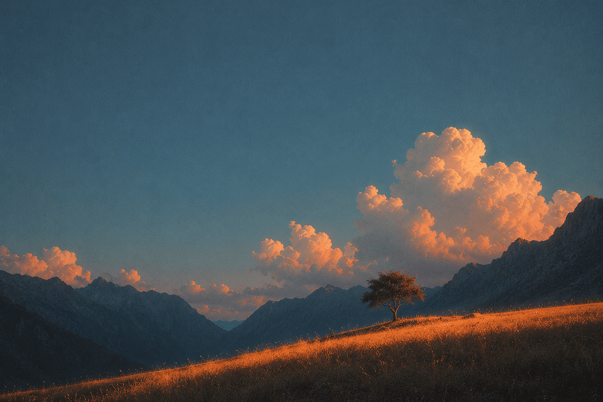 A lone tree beneath illuminated clouds in a dark mountain landscape